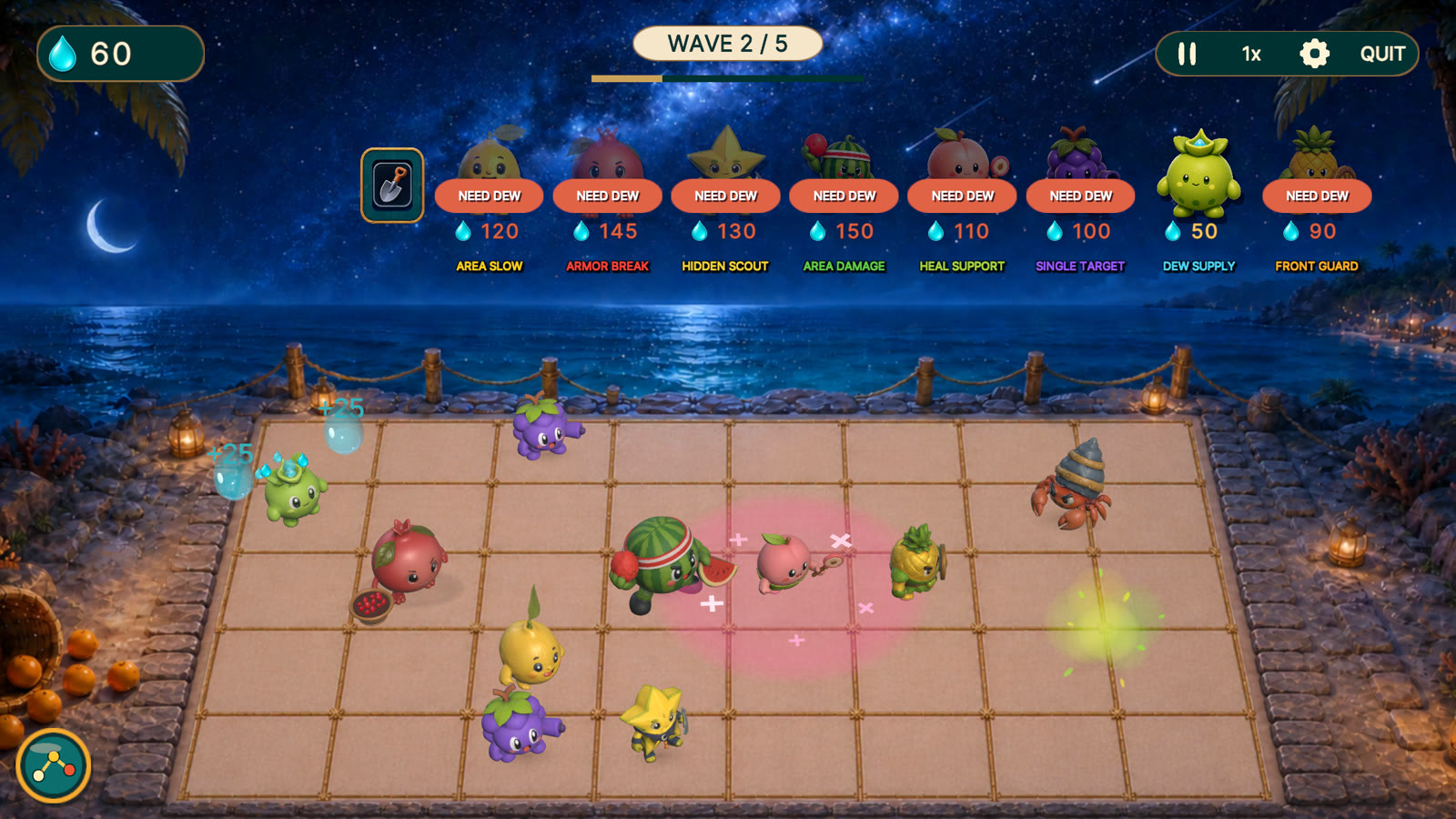 Fruit defenders facing a shark boss at night in Moonlit Coast