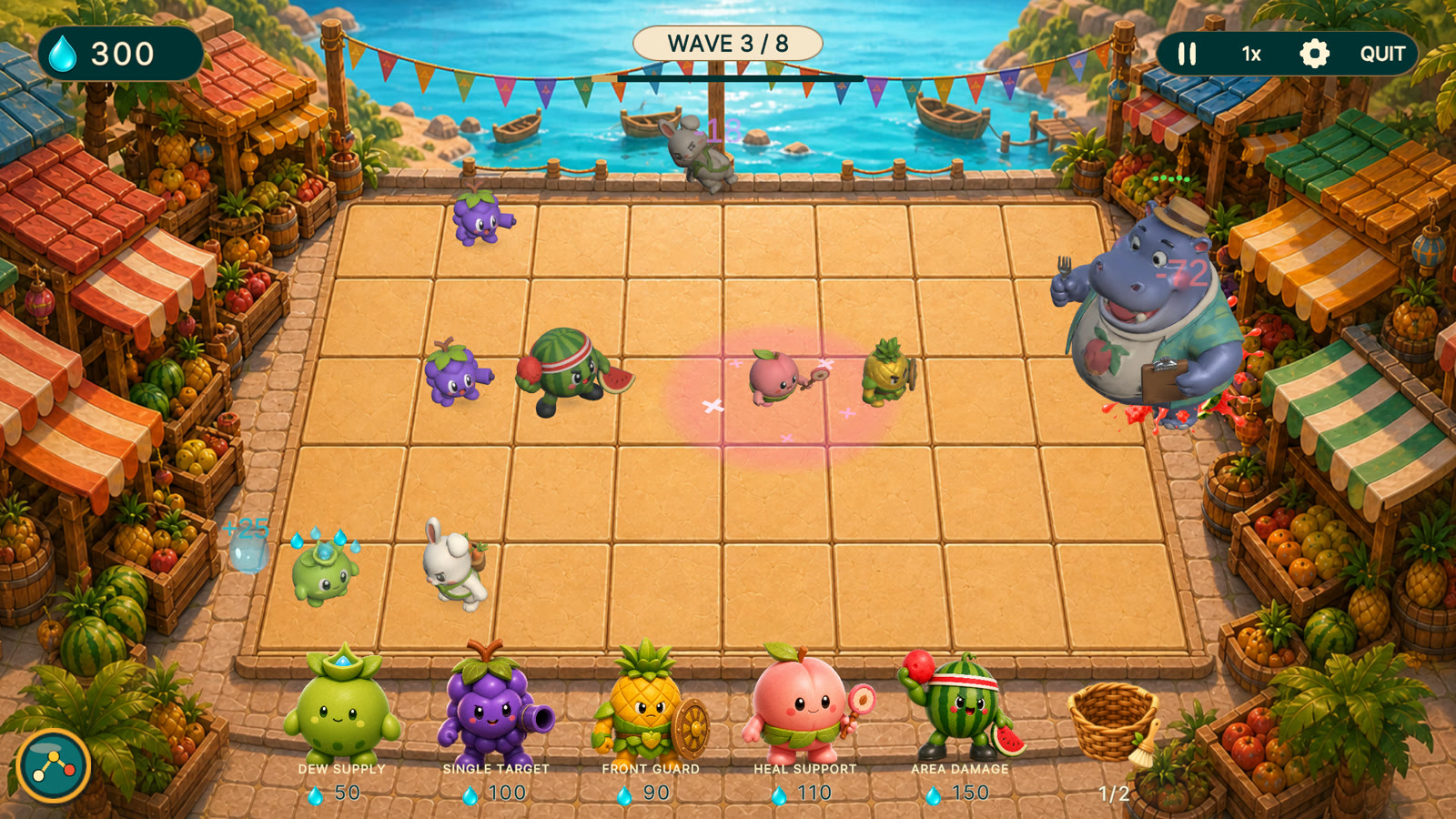 Fruit defenders battling a hippo boss across five lanes in Sunny Market