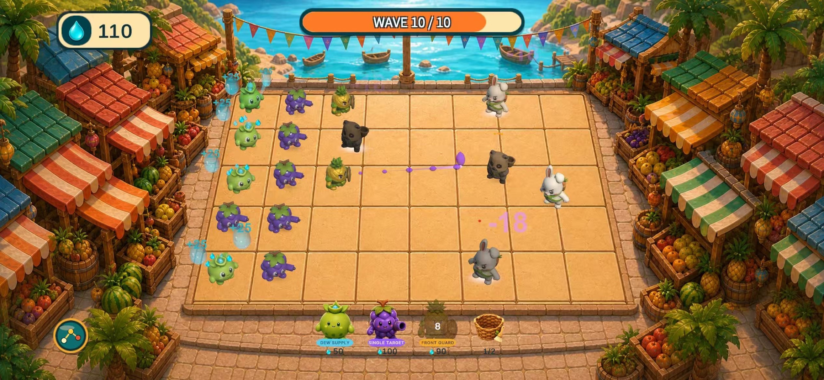Fruit Stand Battle seaside five-lane gameplay
